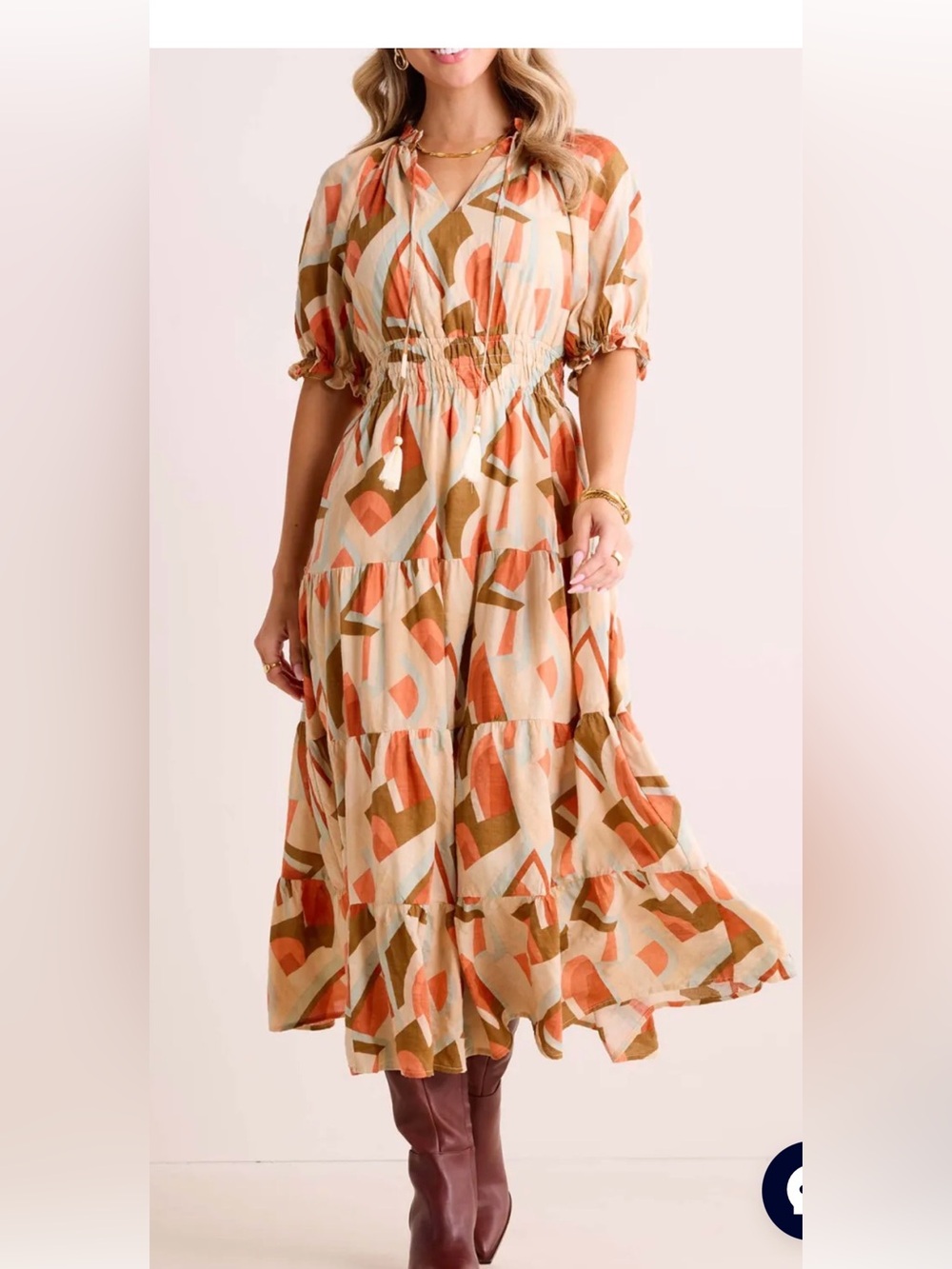 THML Geometric Print Boho Tiered Maxi Skirt in Beige and Rust